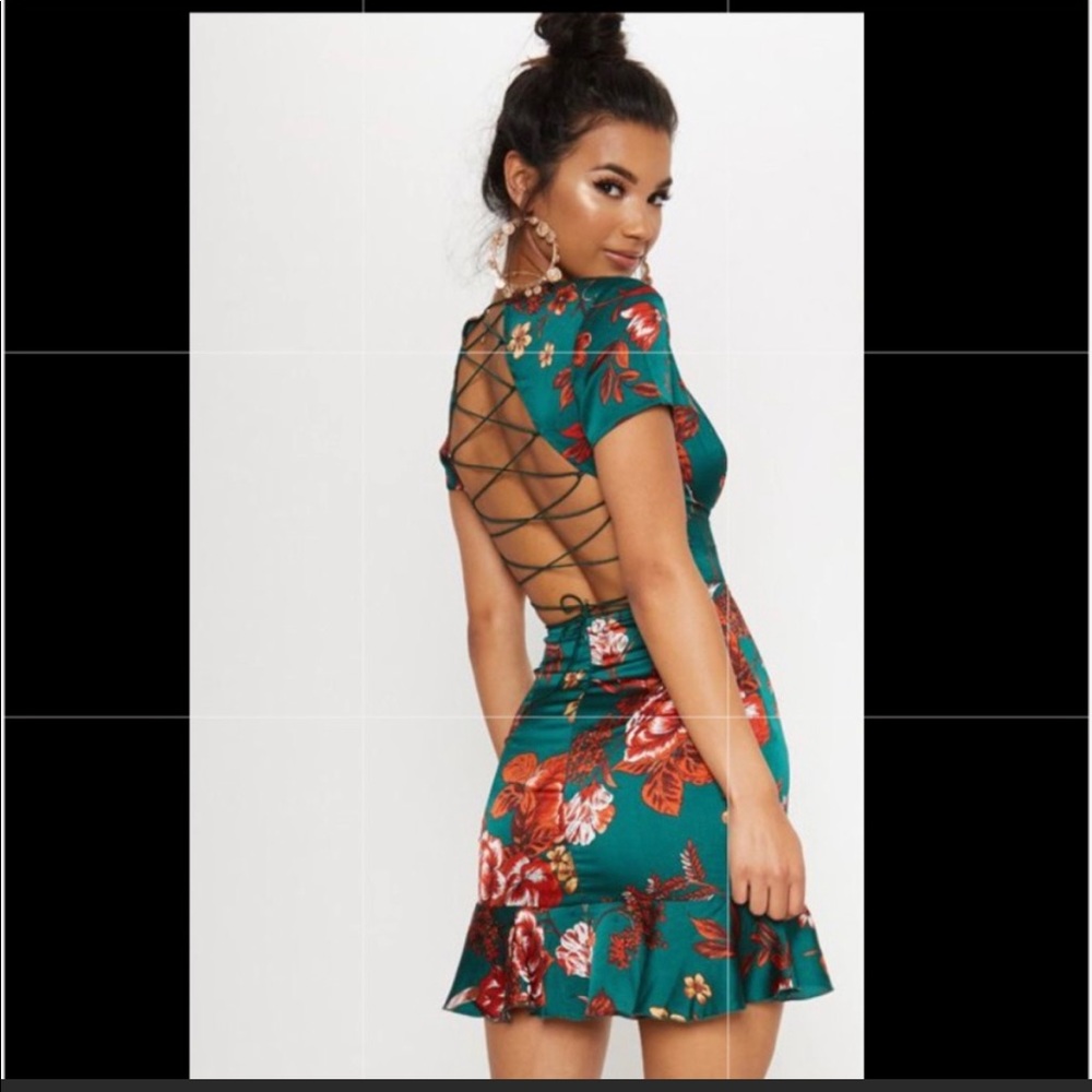 Emerald Criss Cross Back Frill Hem Shift Dress